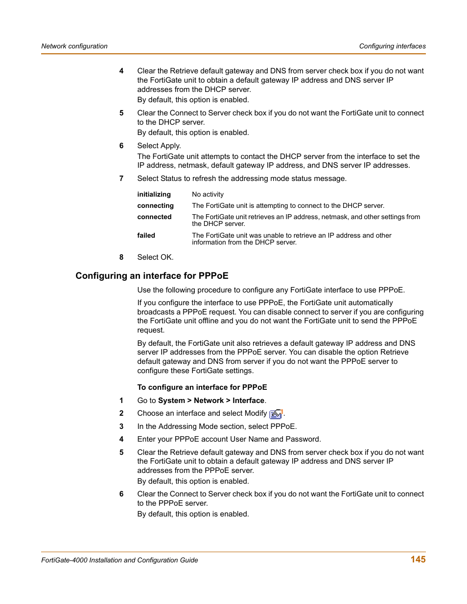 Configuring an interface for pppoe | Fortinet FortiGate 4000 User Manual | Page 145 / 332