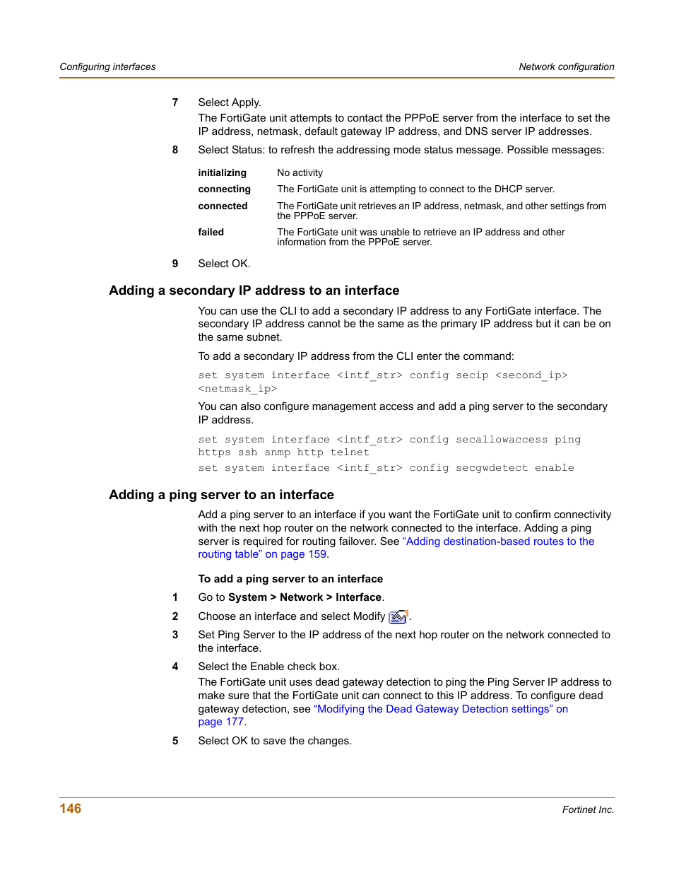 Adding a secondary ip address to an interface, Adding a ping server to an interface | Fortinet FortiGate 4000 User Manual | Page 146 / 332