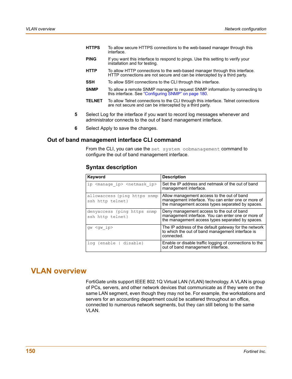 Out of band management interface cli command, Syntax description, Vlan overview | Fortinet FortiGate 4000 User Manual | Page 150 / 332