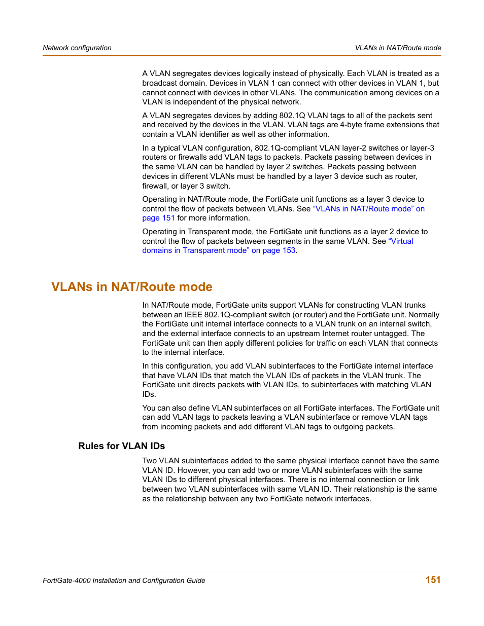 Vlans in nat/route mode, Rules for vlan ids | Fortinet FortiGate 4000 User Manual | Page 151 / 332