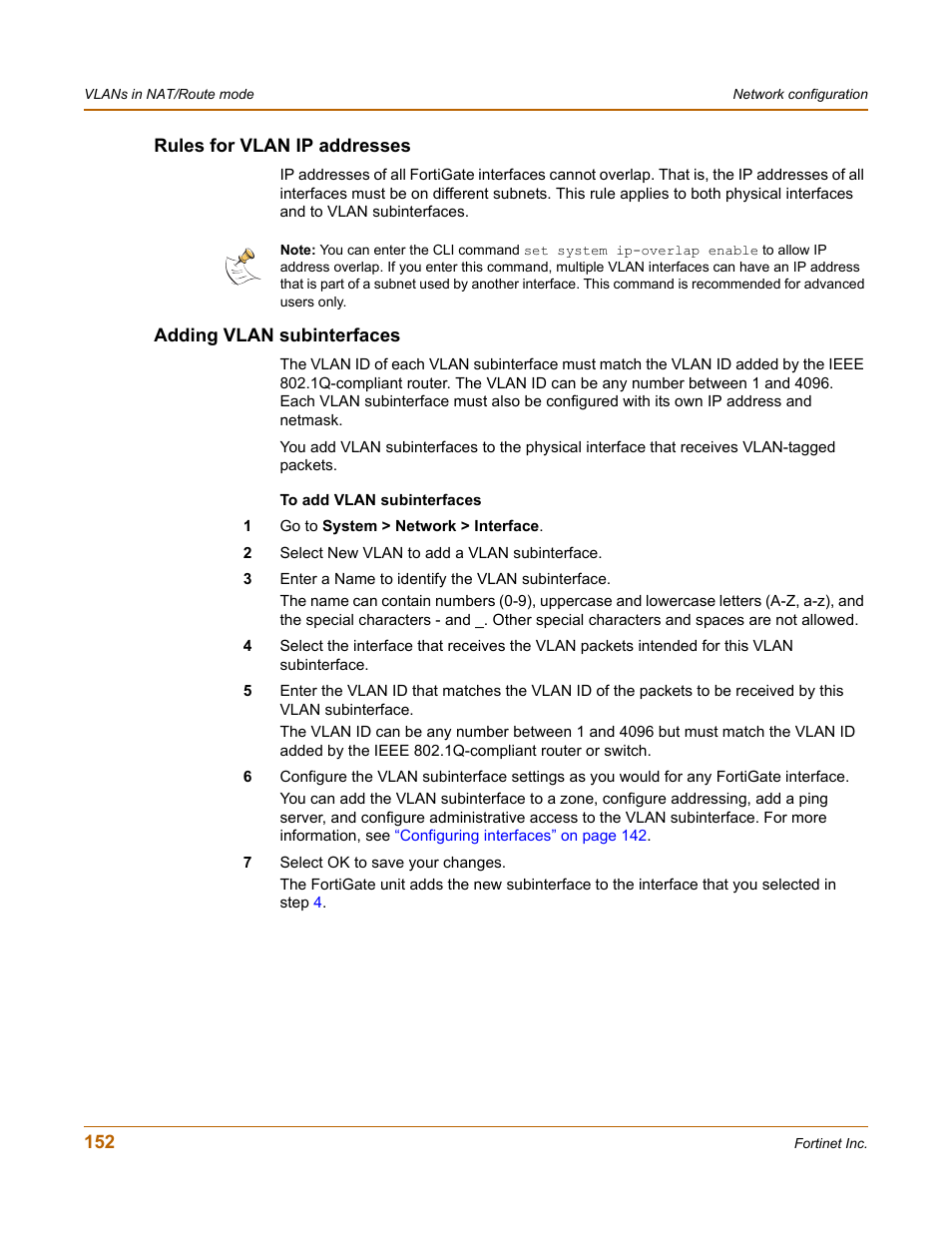 Rules for vlan ip addresses, Adding vlan subinterfaces | Fortinet FortiGate 4000 User Manual | Page 152 / 332