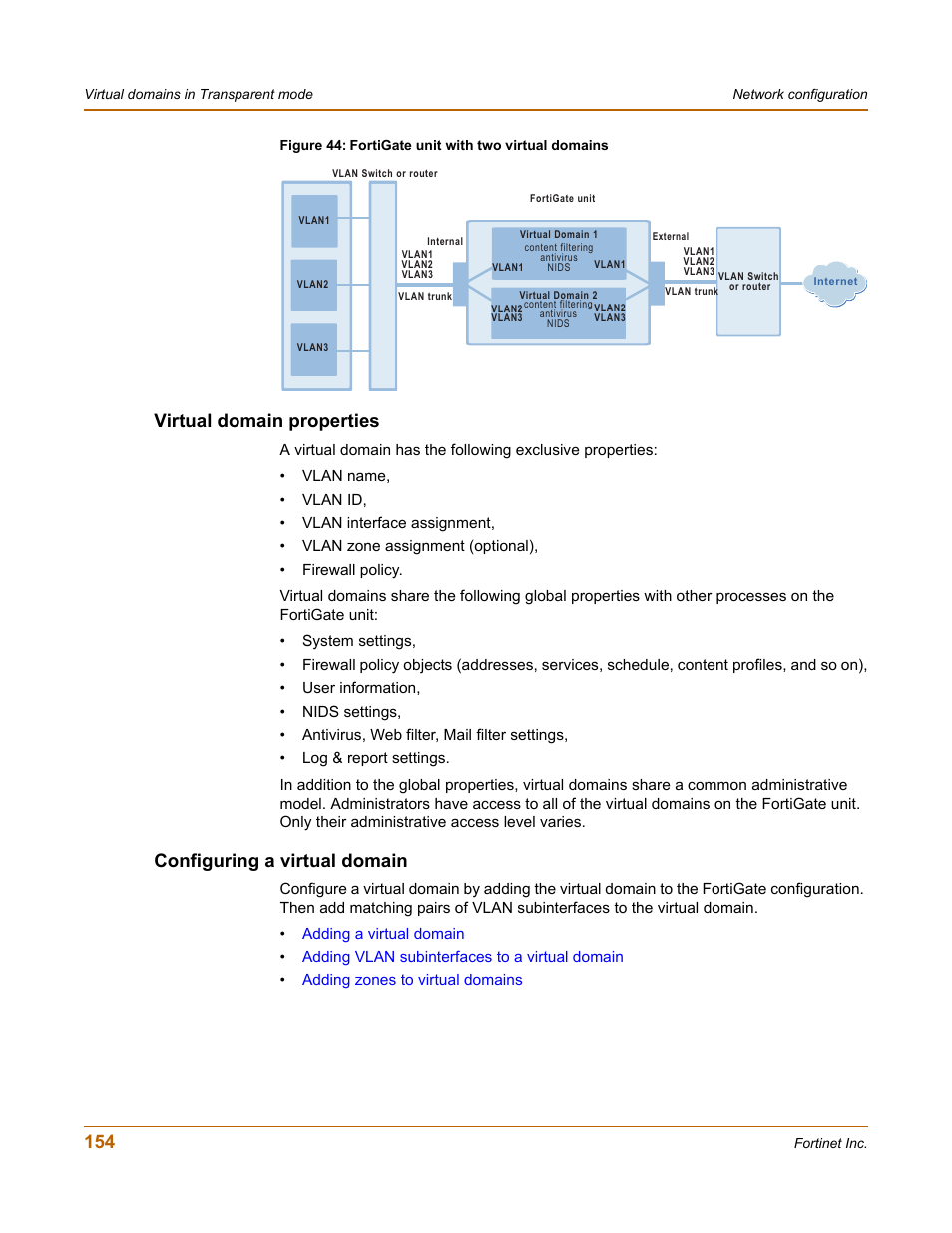 Virtual domain properties, Configuring a virtual domain | Fortinet FortiGate 4000 User Manual | Page 154 / 332