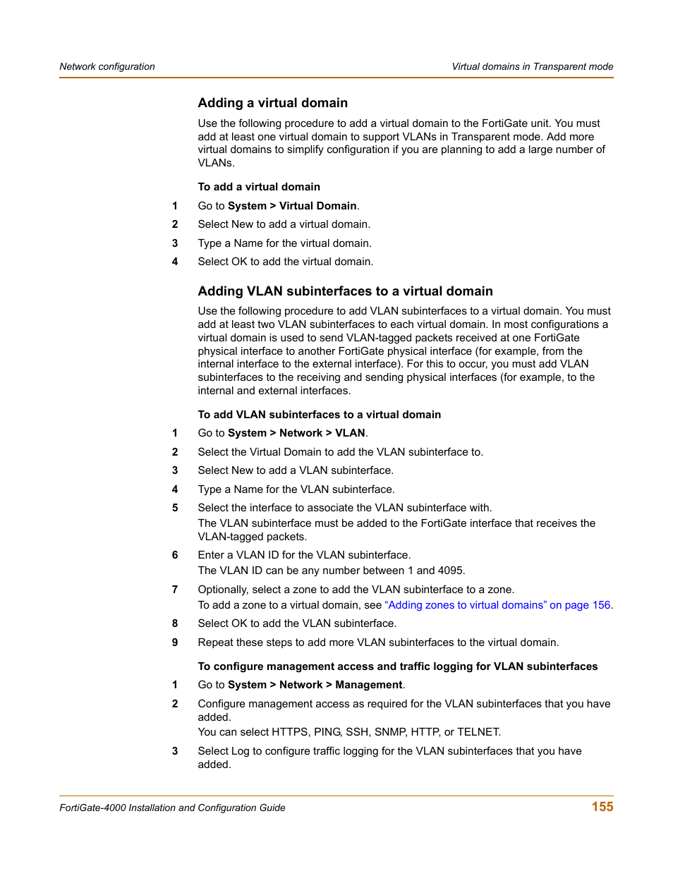 Adding a virtual domain, Adding vlan subinterfaces to a virtual domain | Fortinet FortiGate 4000 User Manual | Page 155 / 332