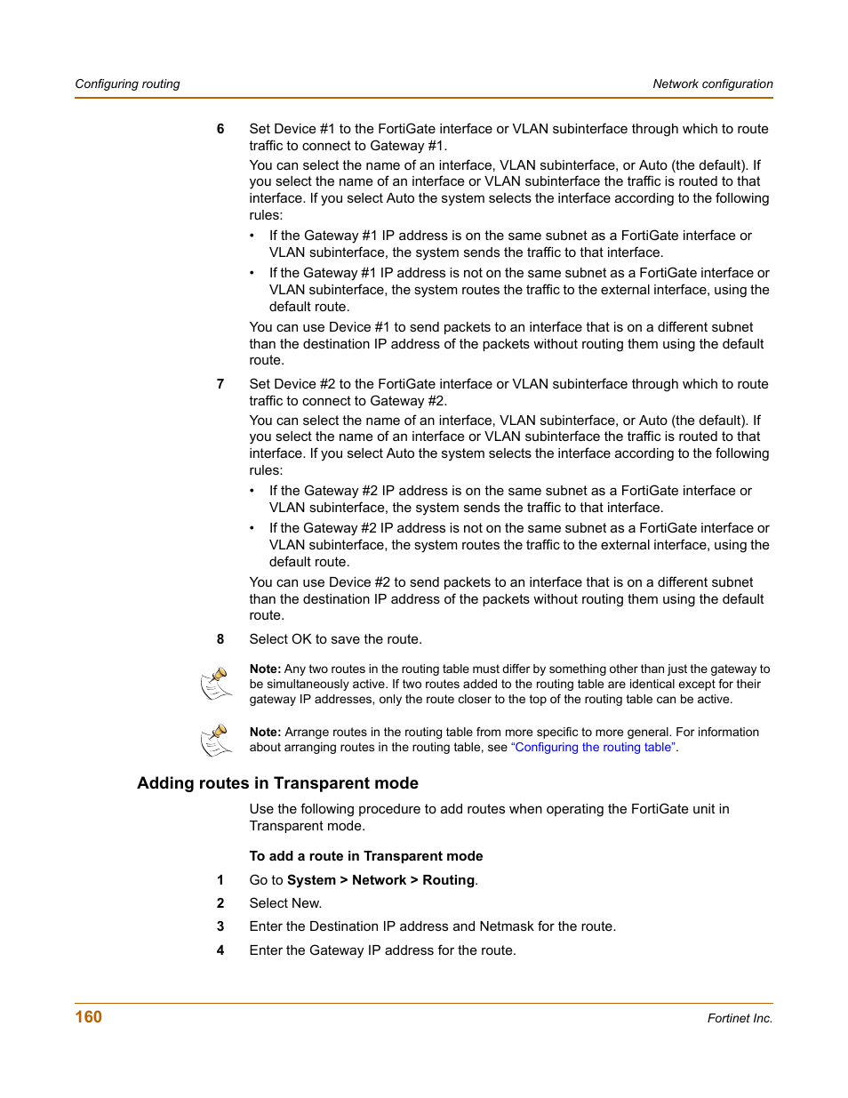 Adding routes in transparent mode | Fortinet FortiGate 4000 User Manual | Page 160 / 332