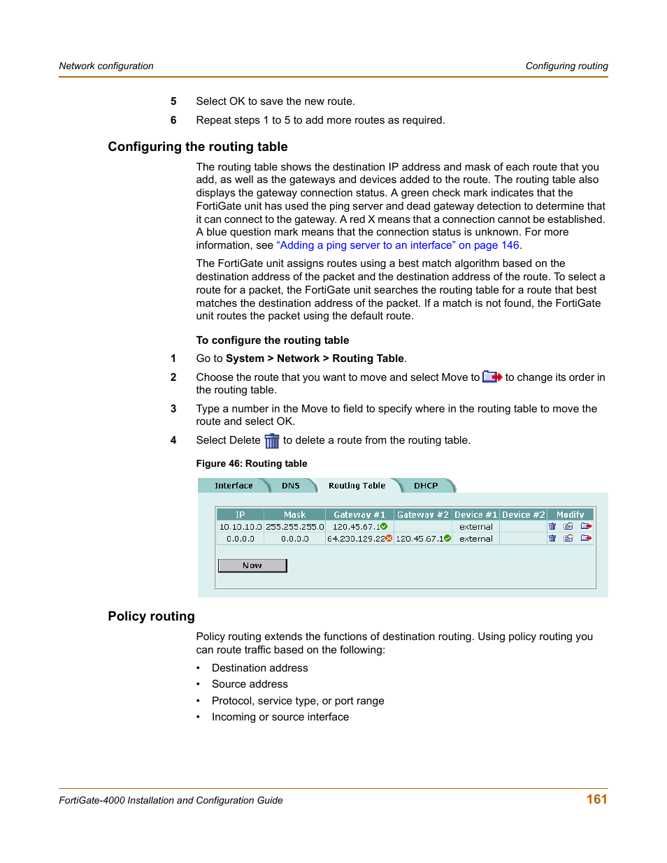 Configuring the routing table, Policy routing, Configuring the routing table policy routing | Fortinet FortiGate 4000 User Manual | Page 161 / 332