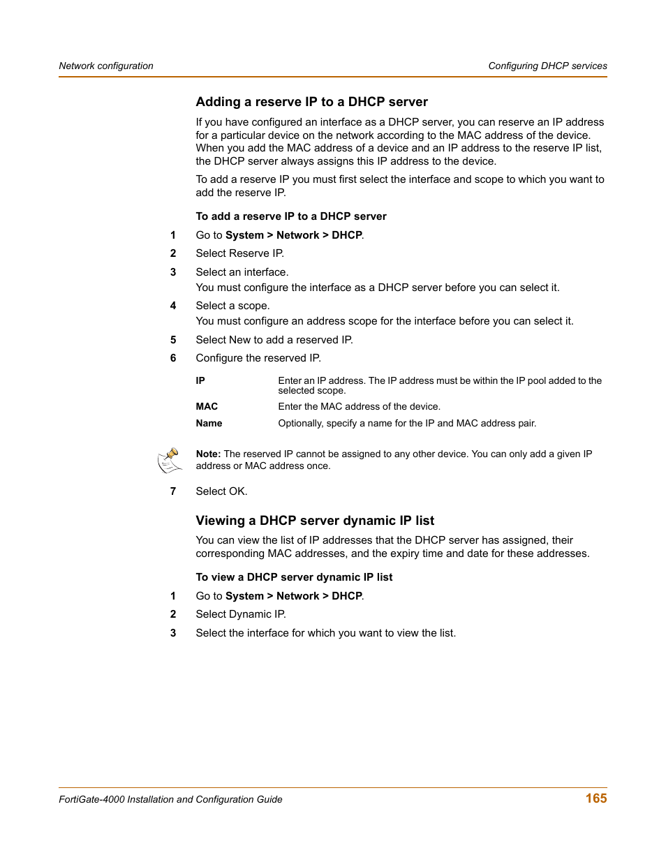 Adding a reserve ip to a dhcp server, Viewing a dhcp server dynamic ip list | Fortinet FortiGate 4000 User Manual | Page 165 / 332