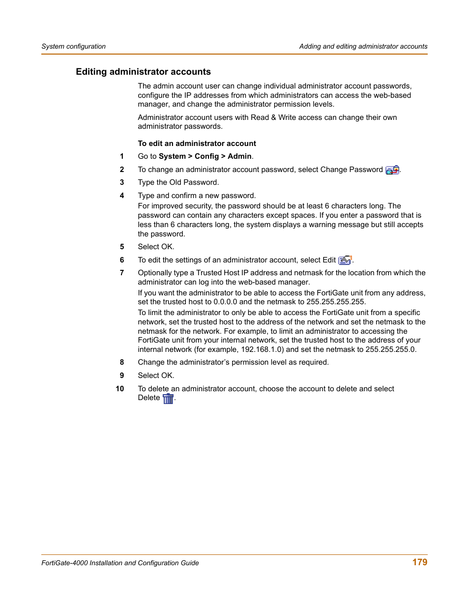 Editing administrator accounts | Fortinet FortiGate 4000 User Manual | Page 179 / 332