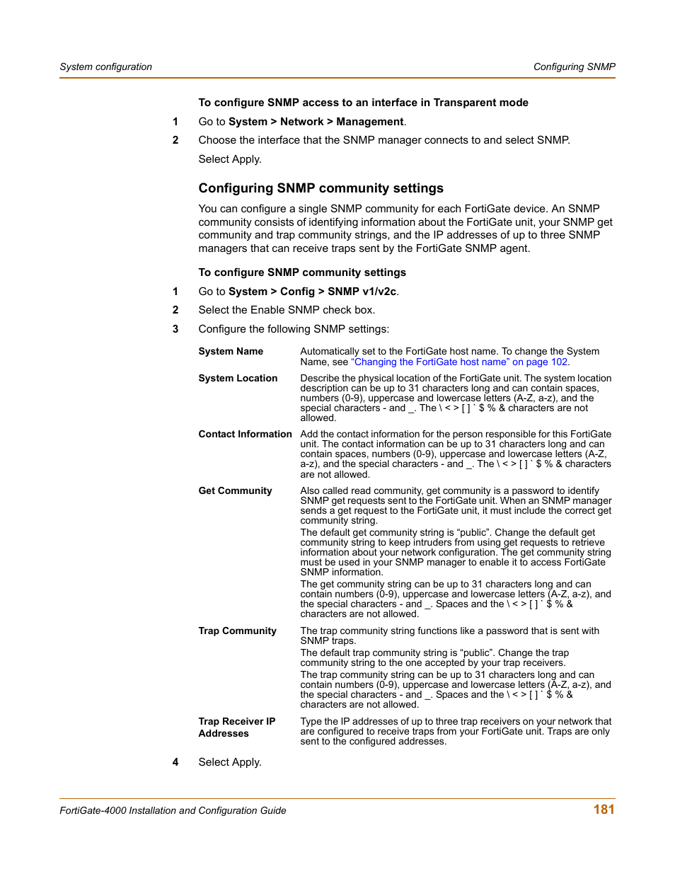 Configuring snmp community settings | Fortinet FortiGate 4000 User Manual | Page 181 / 332