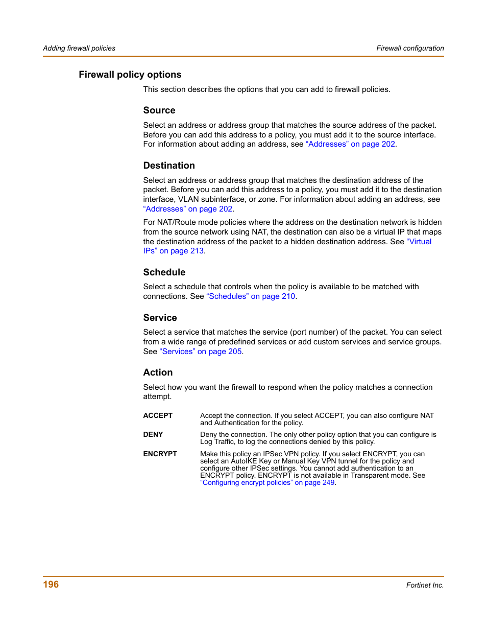 Firewall policy options, Source, Destination | Schedule, Service, Action | Fortinet FortiGate 4000 User Manual | Page 196 / 332