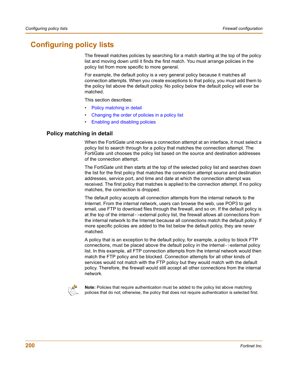 Configuring policy lists, Policy matching in detail | Fortinet FortiGate 4000 User Manual | Page 200 / 332