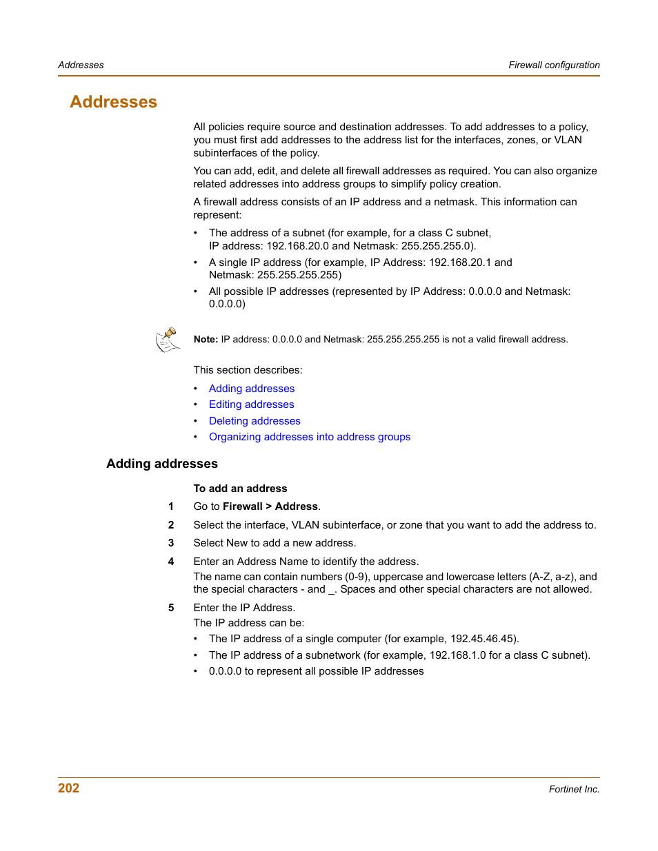 Addresses, Adding addresses, Adding | Fortinet FortiGate 4000 User Manual | Page 202 / 332