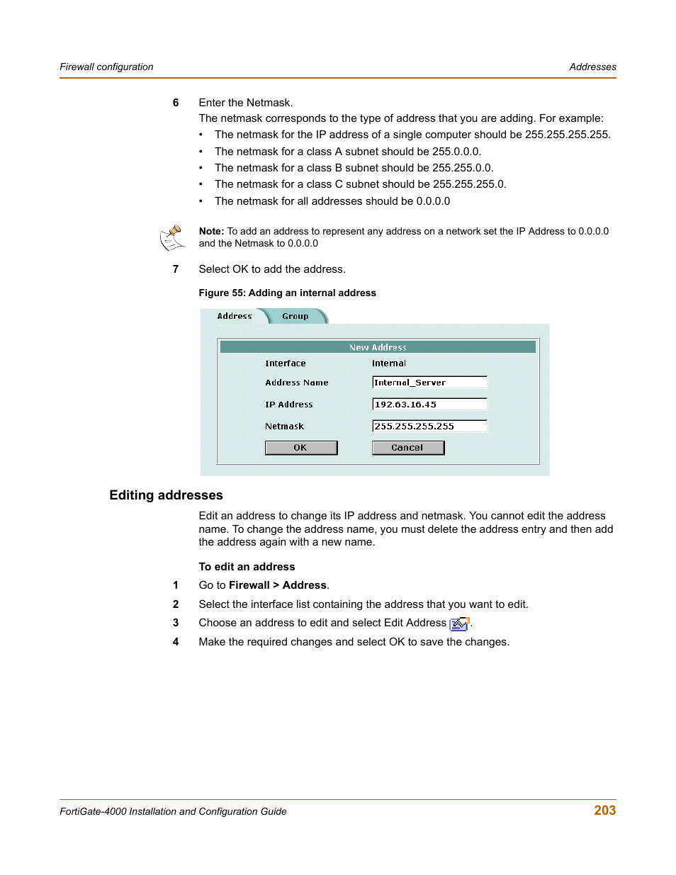 Editing addresses | Fortinet FortiGate 4000 User Manual | Page 203 / 332