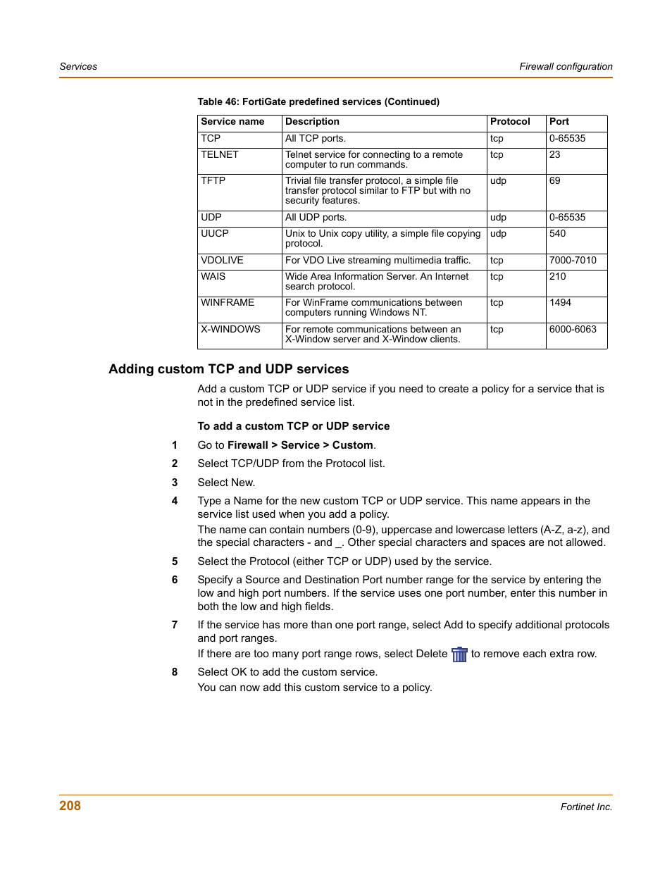 Adding custom tcp and udp services | Fortinet FortiGate 4000 User Manual | Page 208 / 332