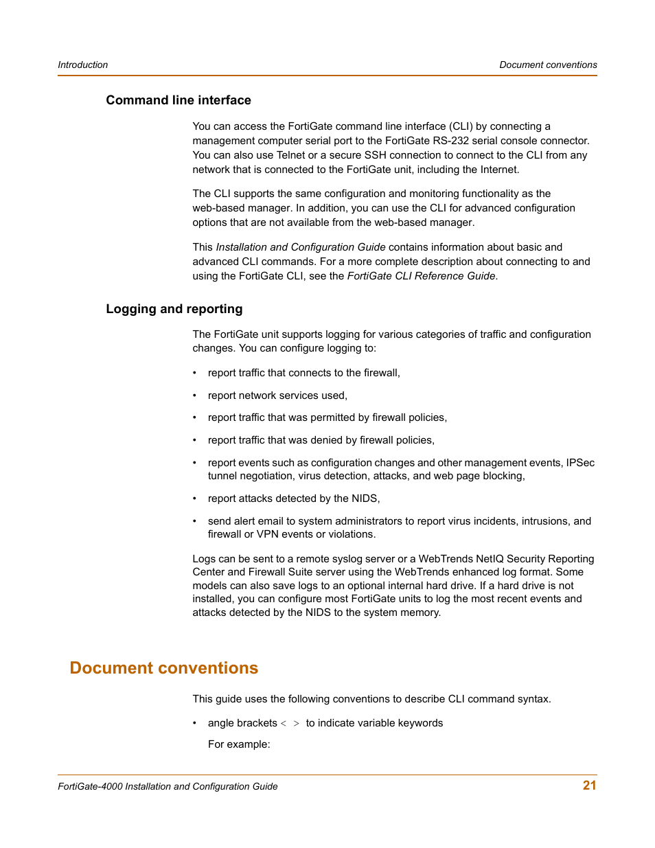 Command line interface, Logging and reporting, Document conventions | Command line interface logging and reporting | Fortinet FortiGate 4000 User Manual | Page 21 / 332