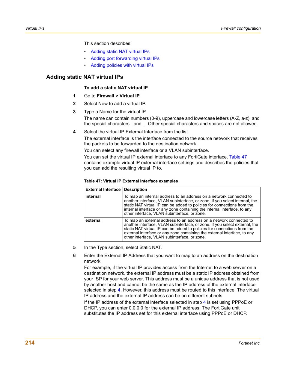 Adding static nat virtual ips | Fortinet FortiGate 4000 User Manual | Page 214 / 332