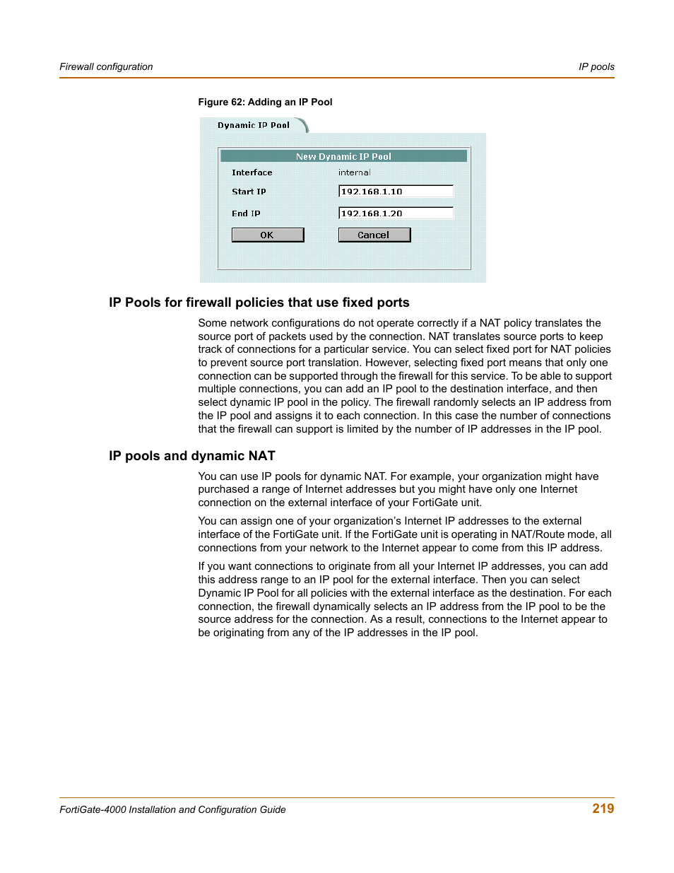 Ip pools and dynamic nat | Fortinet FortiGate 4000 User Manual | Page 219 / 332