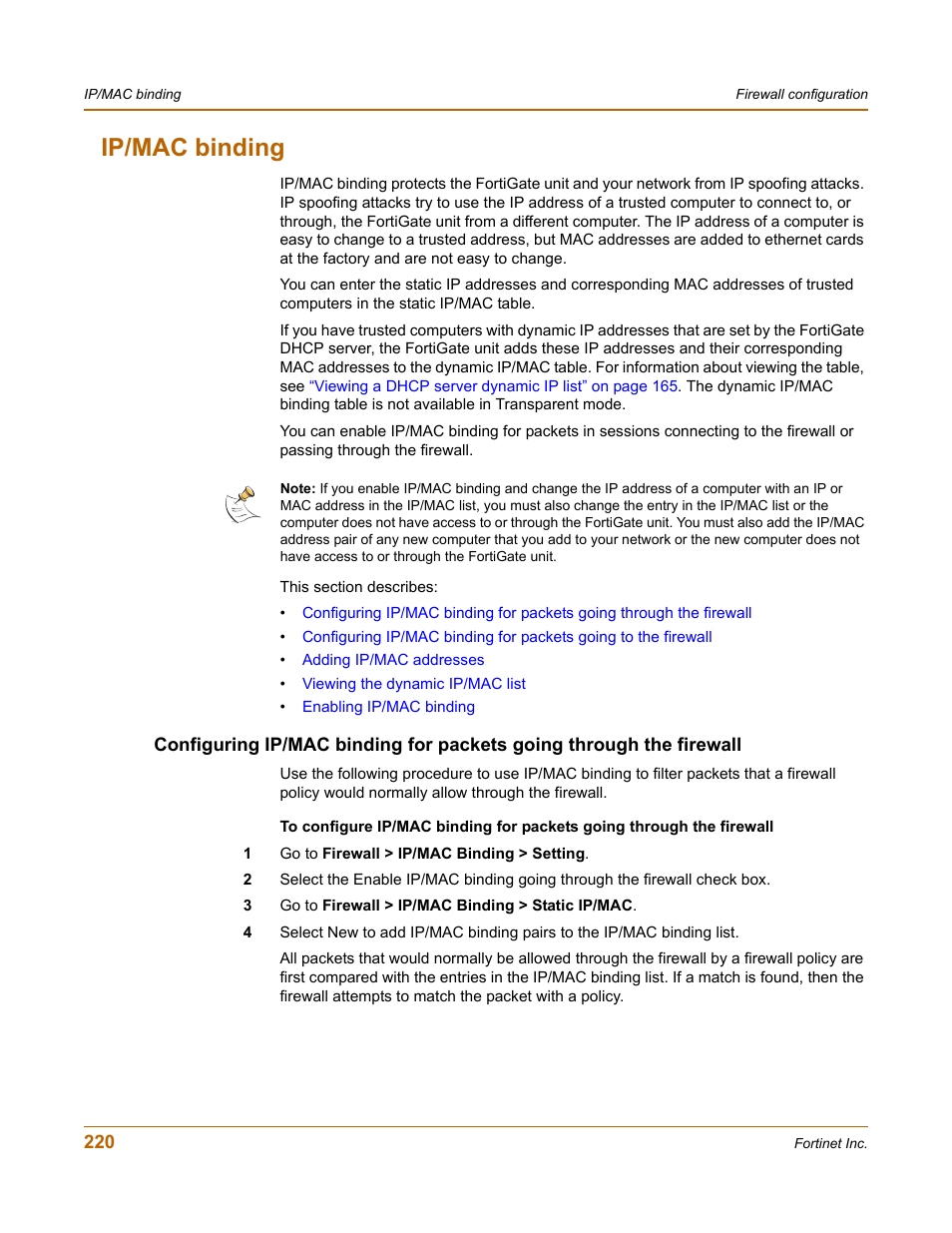 Ip/mac binding | Fortinet FortiGate 4000 User Manual | Page 220 / 332