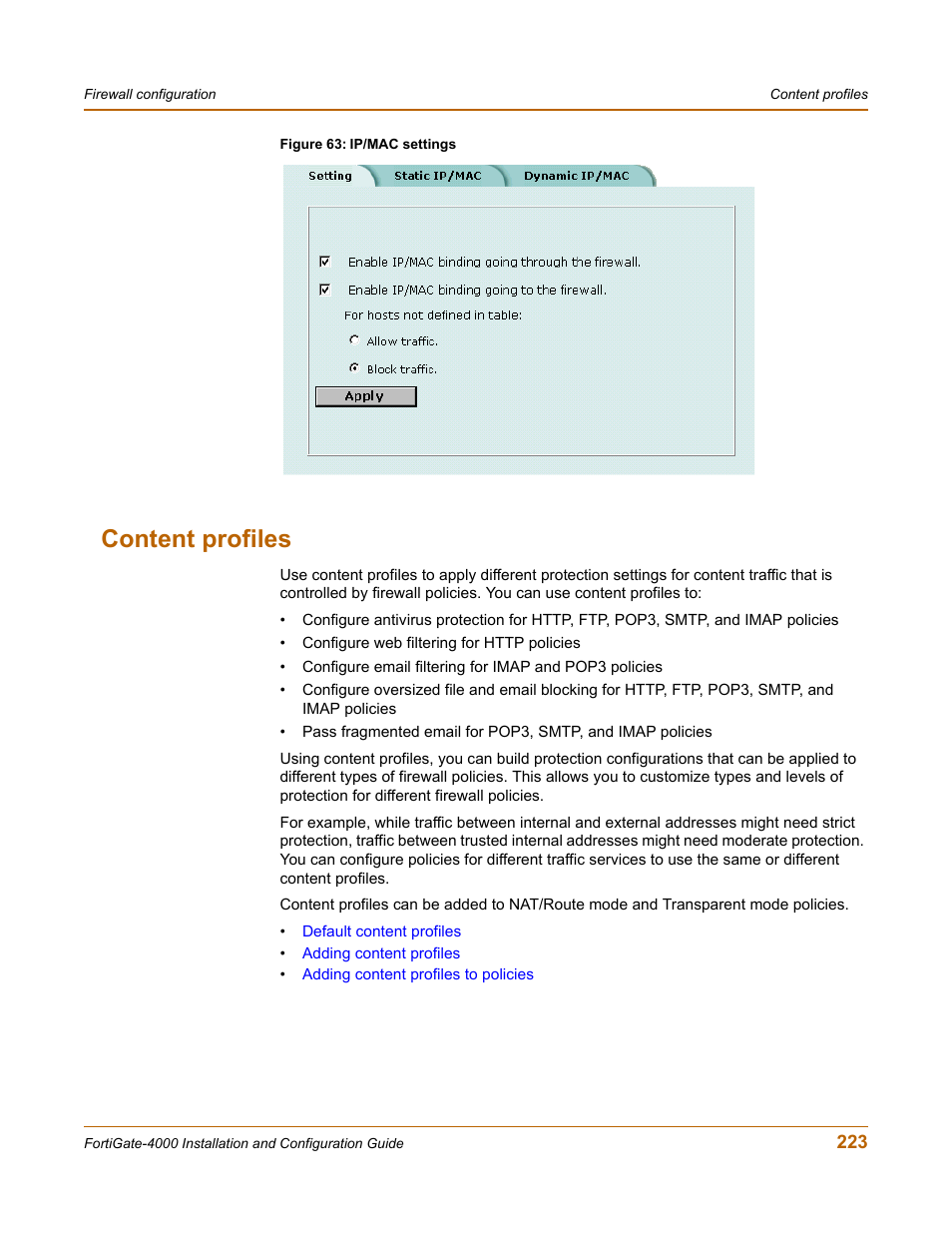 Content profiles, Content | Fortinet FortiGate 4000 User Manual | Page 223 / 332