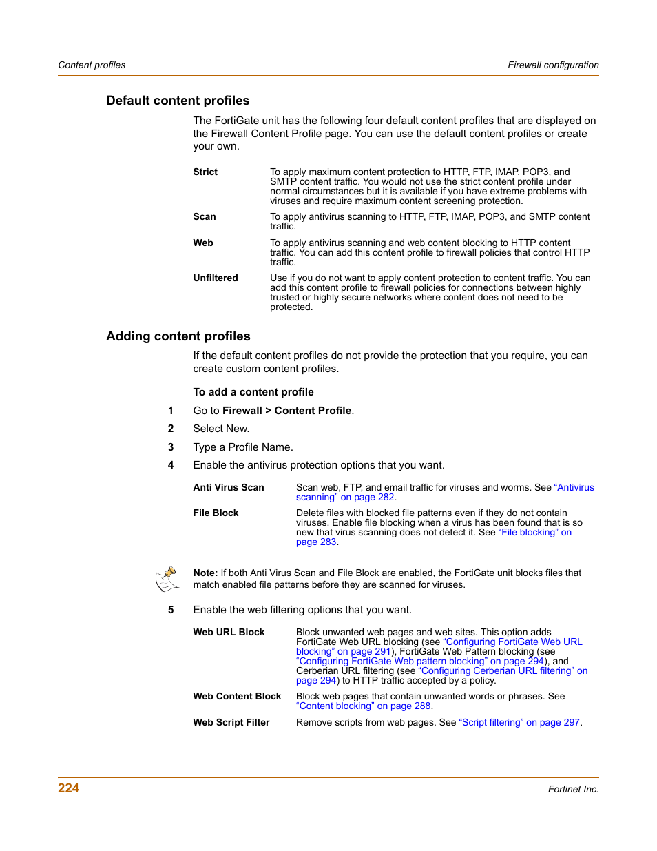 Default content profiles, Adding content profiles, Default content profiles adding content profiles | Fortinet FortiGate 4000 User Manual | Page 224 / 332