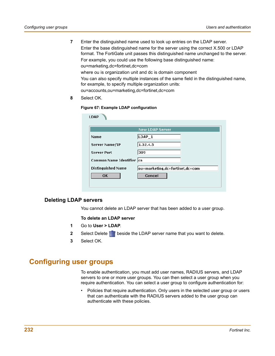 Deleting ldap servers, Configuring user groups | Fortinet FortiGate 4000 User Manual | Page 232 / 332