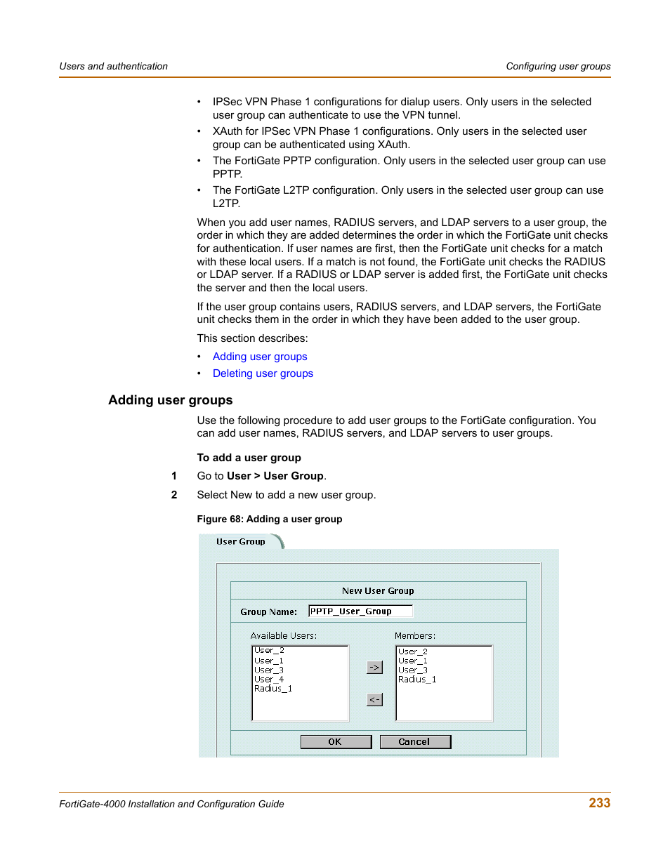 Adding user groups | Fortinet FortiGate 4000 User Manual | Page 233 / 332
