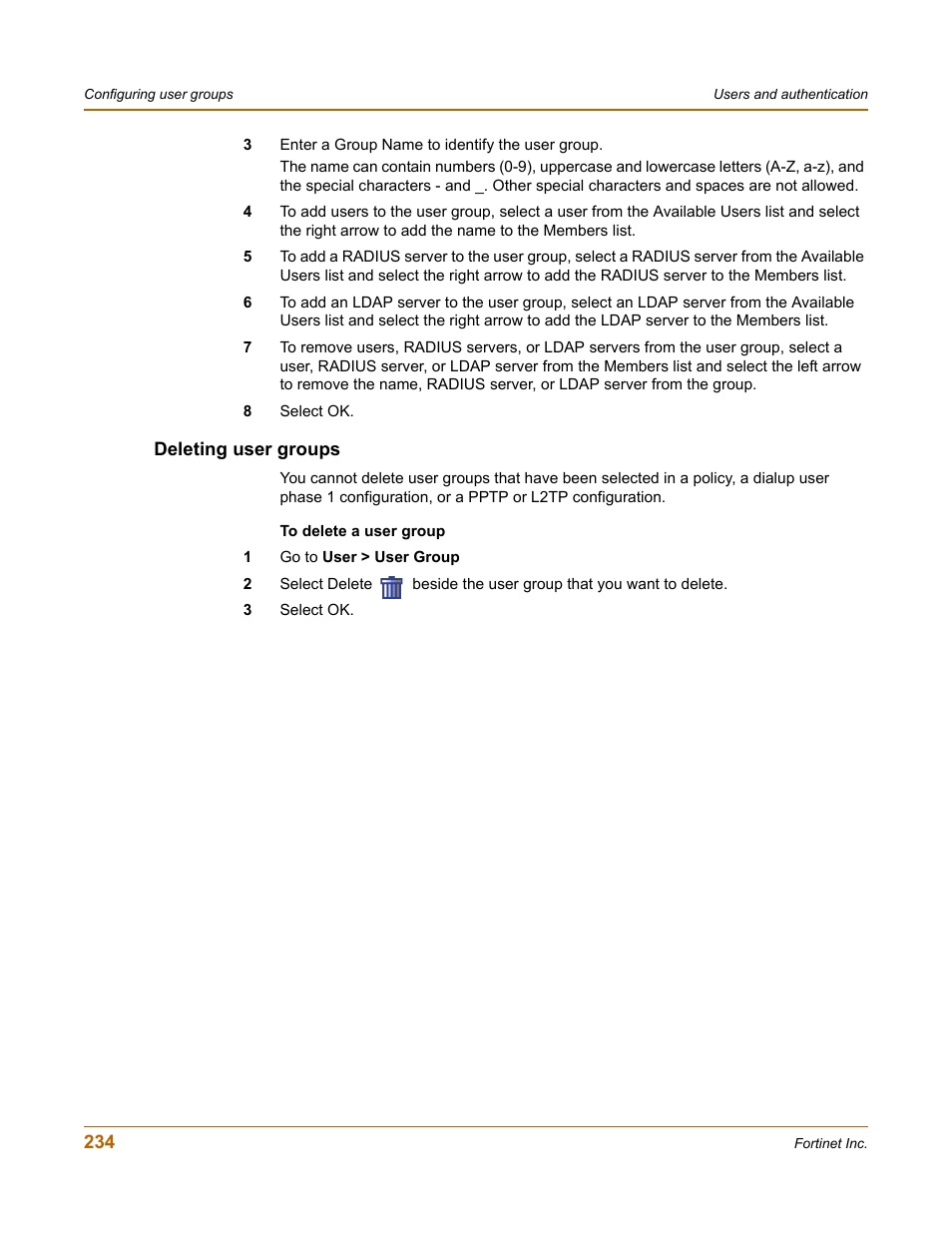 Deleting user groups | Fortinet FortiGate 4000 User Manual | Page 234 / 332