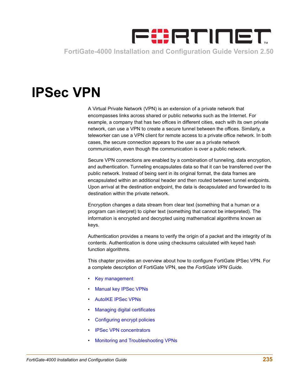 Ipsec vpn | Fortinet FortiGate 4000 User Manual | Page 235 / 332