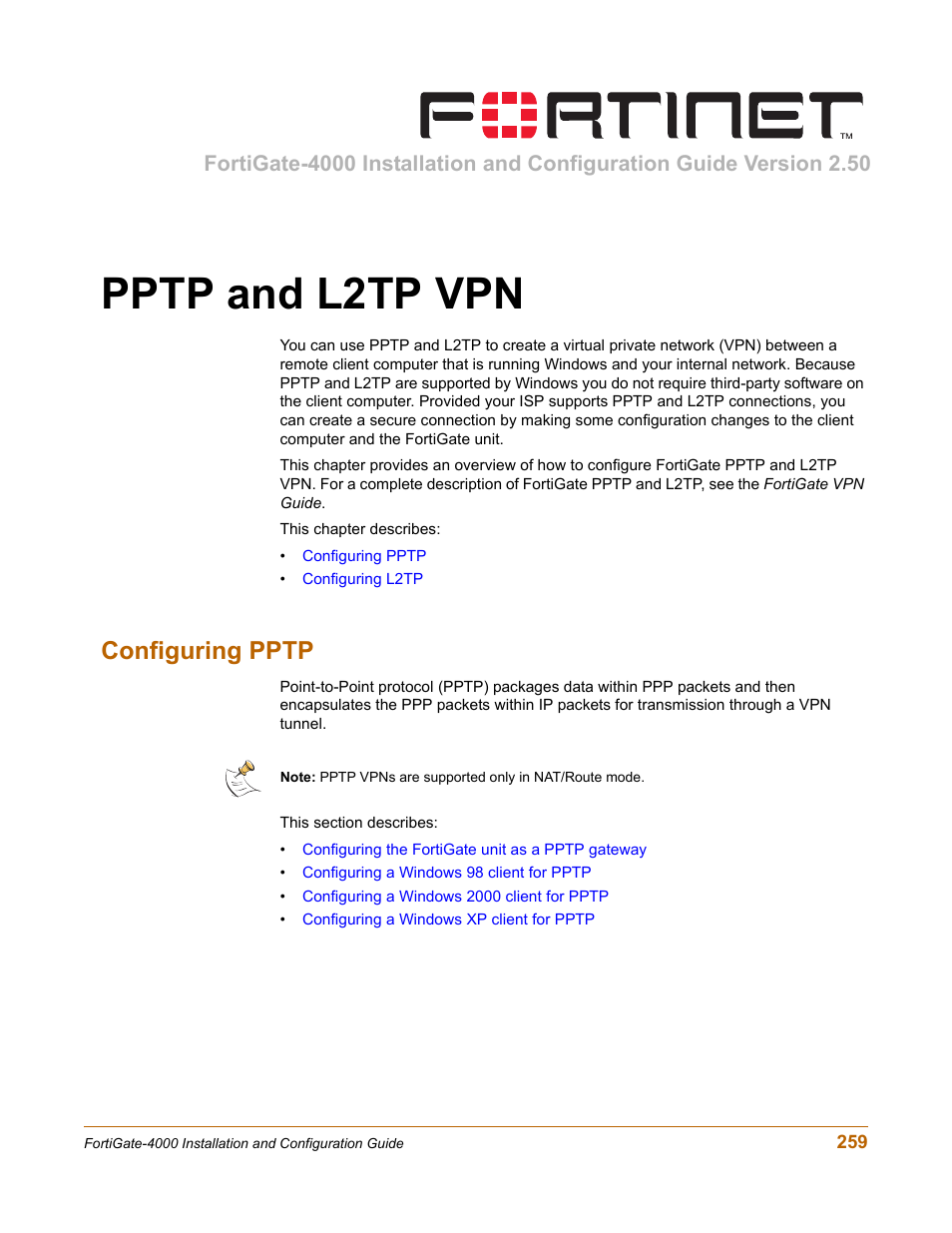 Pptp and l2tp vpn, Configuring pptp | Fortinet FortiGate 4000 User Manual | Page 259 / 332