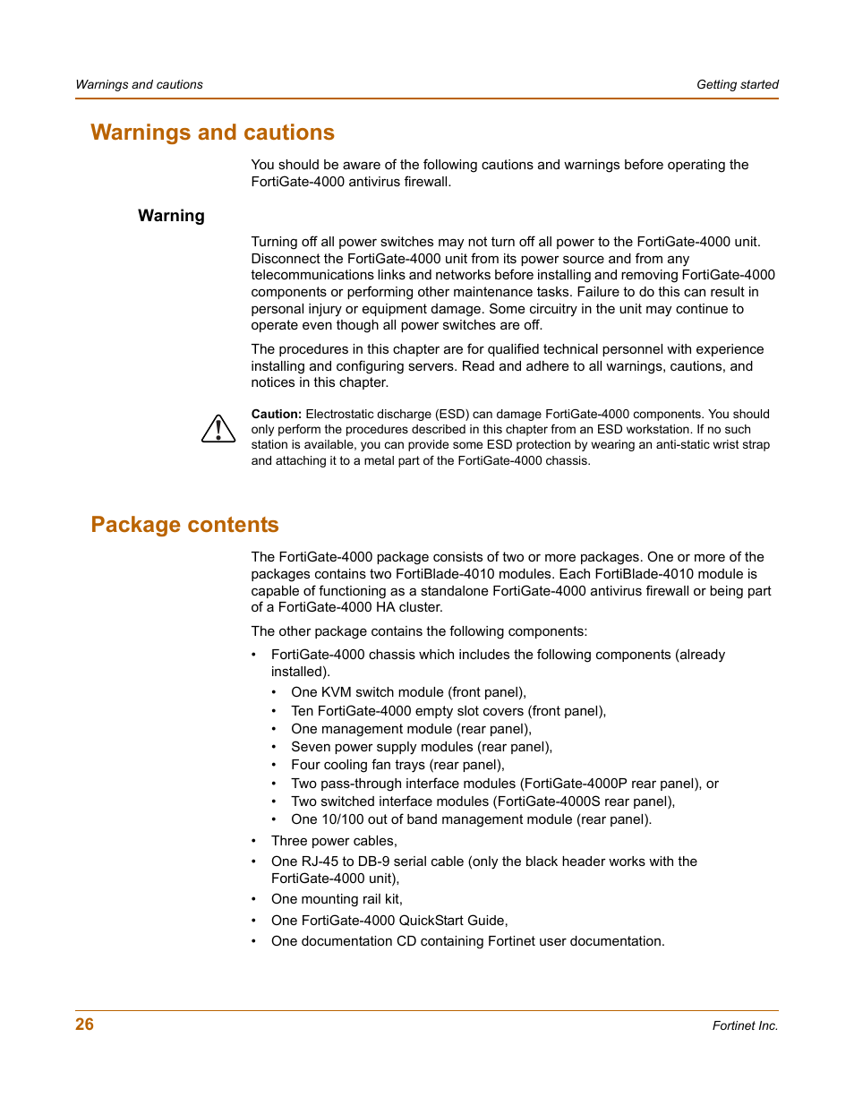 Warnings and cautions, Warning, Package contents | Fortinet FortiGate 4000 User Manual | Page 26 / 332