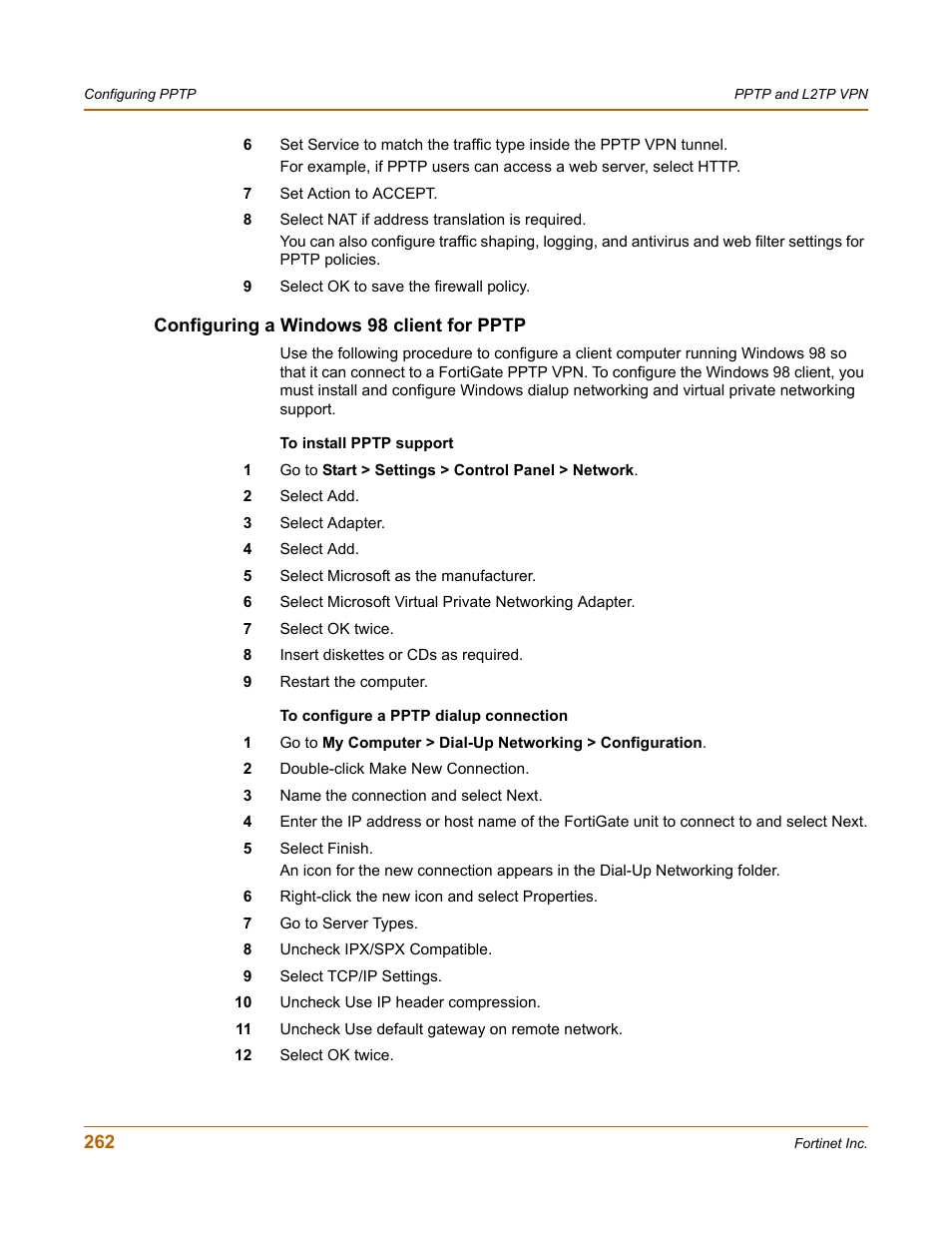 Configuring a windows 98 client for pptp | Fortinet FortiGate 4000 User Manual | Page 262 / 332