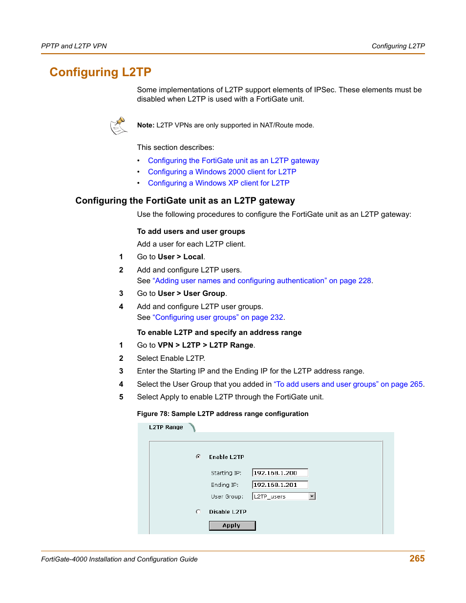 Configuring l2tp, Configuring the fortigate unit as an l2tp gateway | Fortinet FortiGate 4000 User Manual | Page 265 / 332