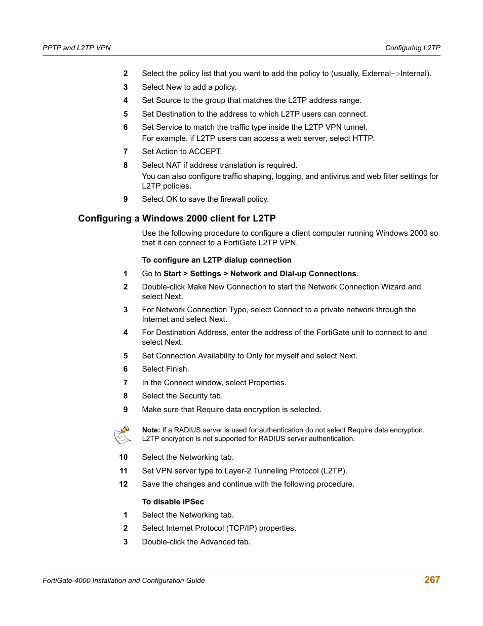 Configuring a windows 2000 client for l2tp | Fortinet FortiGate 4000 User Manual | Page 267 / 332