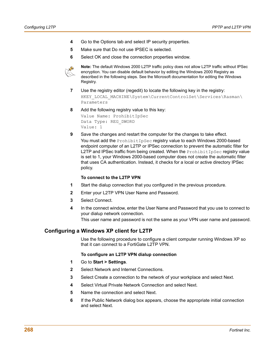 Configuring a windows xp client for l2tp | Fortinet FortiGate 4000 User Manual | Page 268 / 332