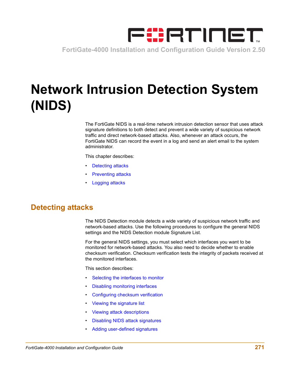 Network intrusion detection system (nids), Detecting attacks | Fortinet FortiGate 4000 User Manual | Page 271 / 332