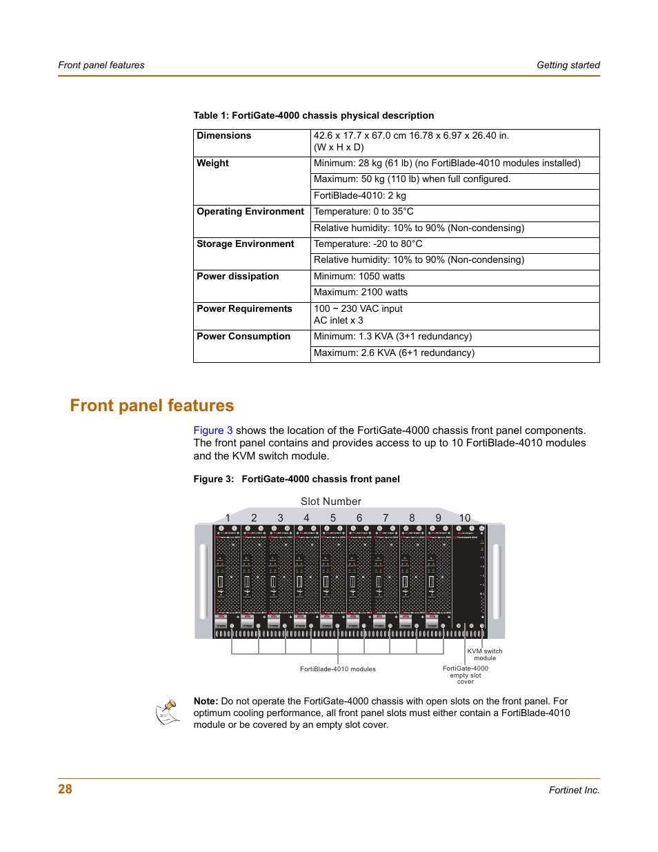 Front panel features | Fortinet FortiGate 4000 User Manual | Page 28 / 332