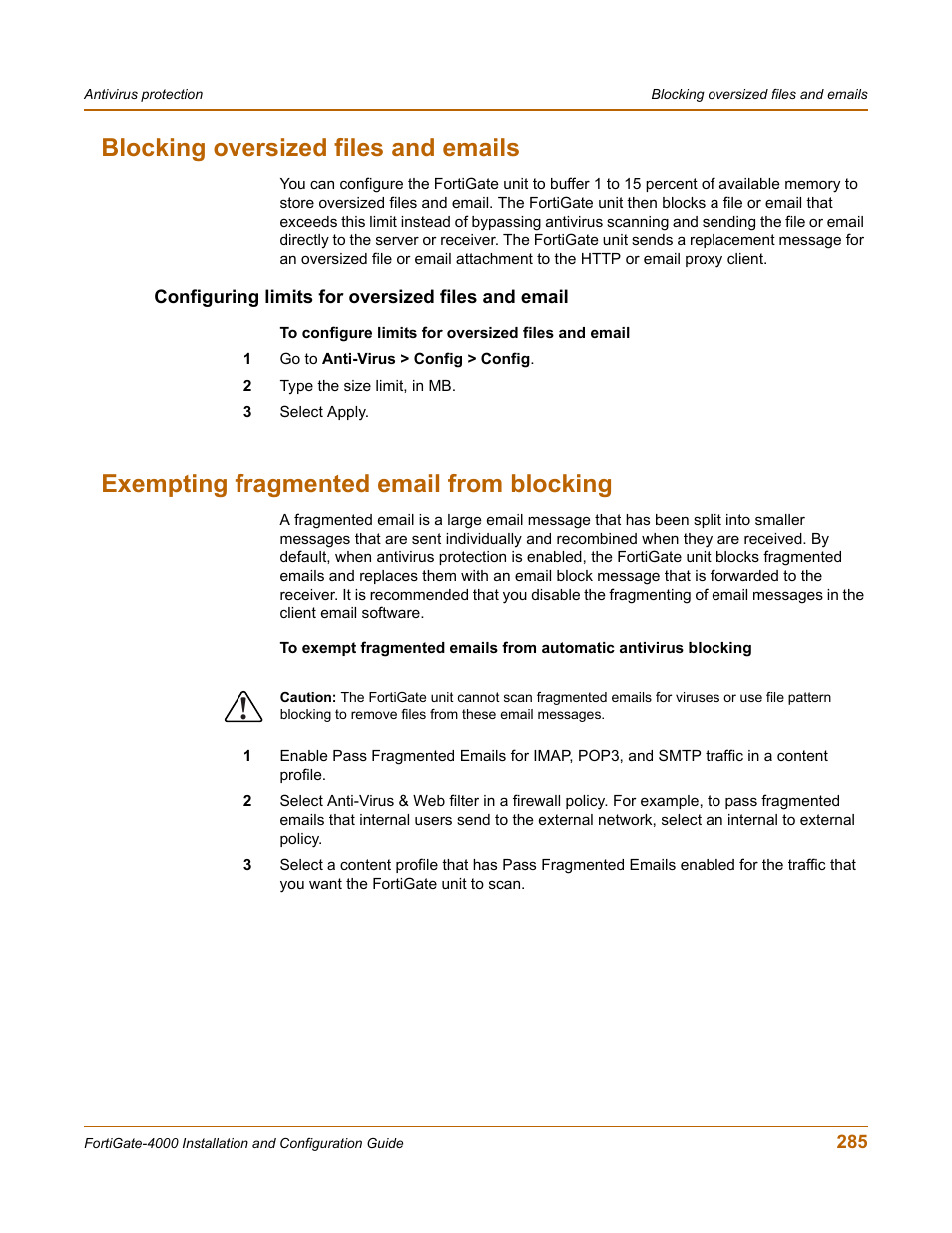 Blocking oversized files and emails, Configuring limits for oversized files and email, Exempting fragmented email from blocking | Ing. see, Exempting fragmented email from blocking” on | Fortinet FortiGate 4000 User Manual | Page 285 / 332