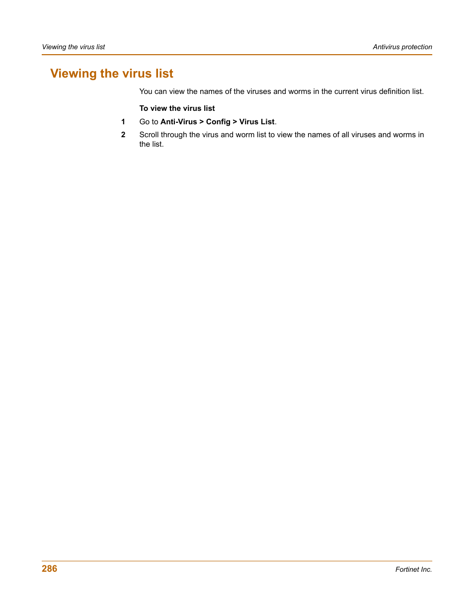 Viewing the virus list | Fortinet FortiGate 4000 User Manual | Page 286 / 332