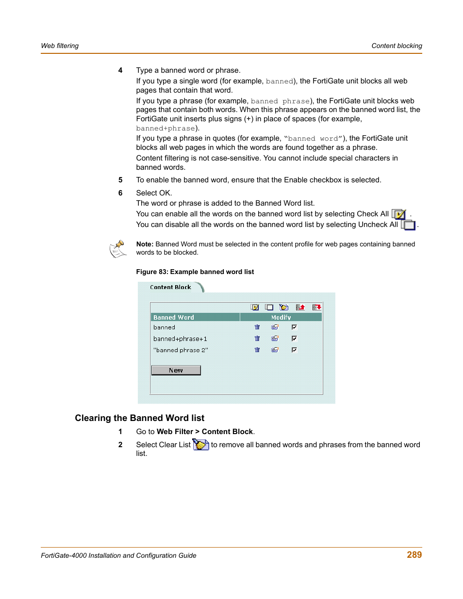 Clearing the banned word list | Fortinet FortiGate 4000 User Manual | Page 289 / 332