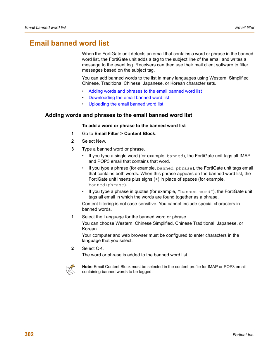 Email banned word list | Fortinet FortiGate 4000 User Manual | Page 302 / 332