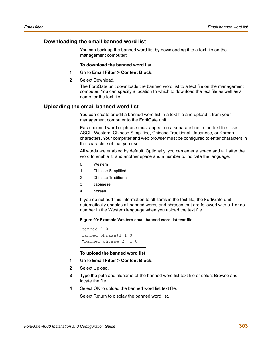 Downloading the email banned word list, Uploading the email banned word list, Uploading the email banned word list” on | Fortinet FortiGate 4000 User Manual | Page 303 / 332