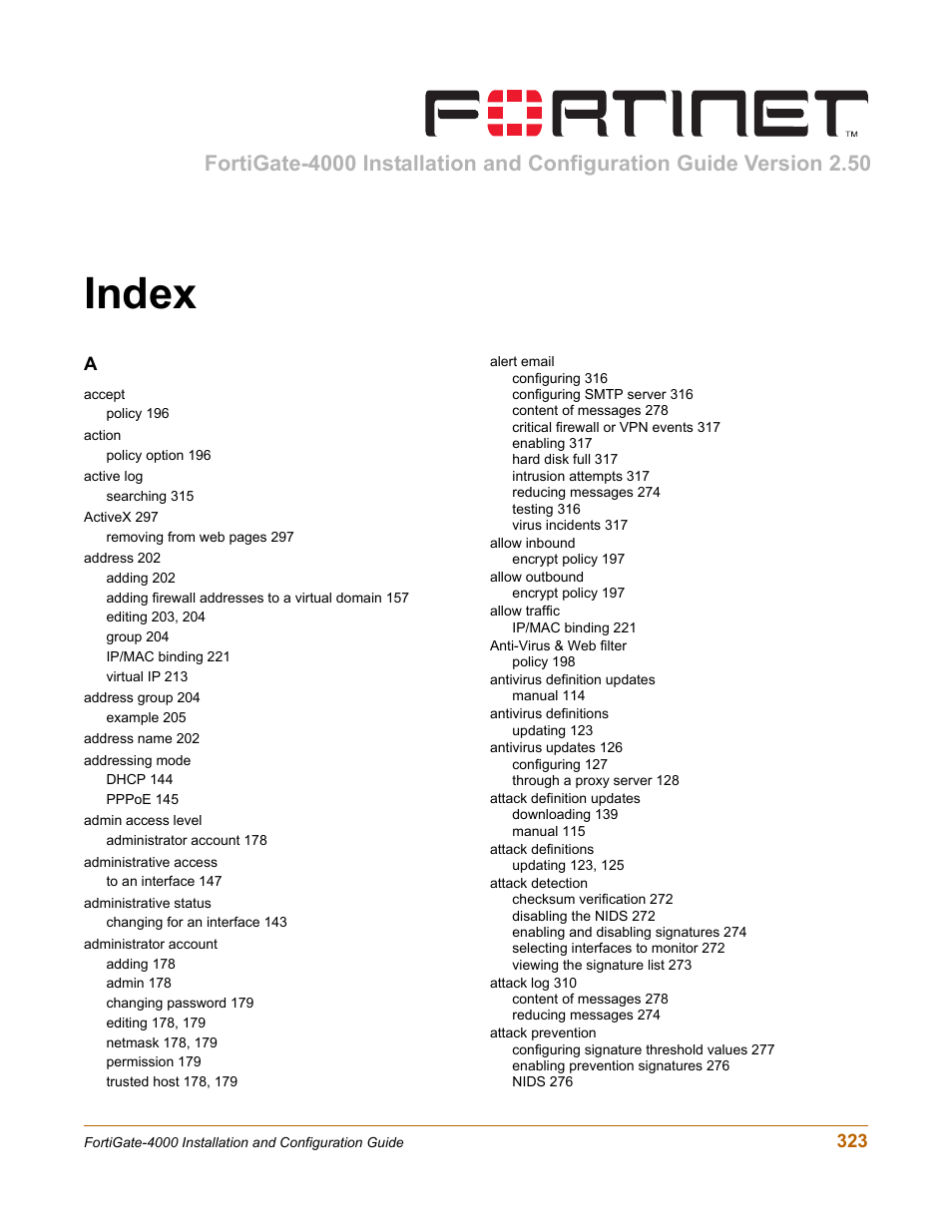 Index | Fortinet FortiGate 4000 User Manual | Page 323 / 332