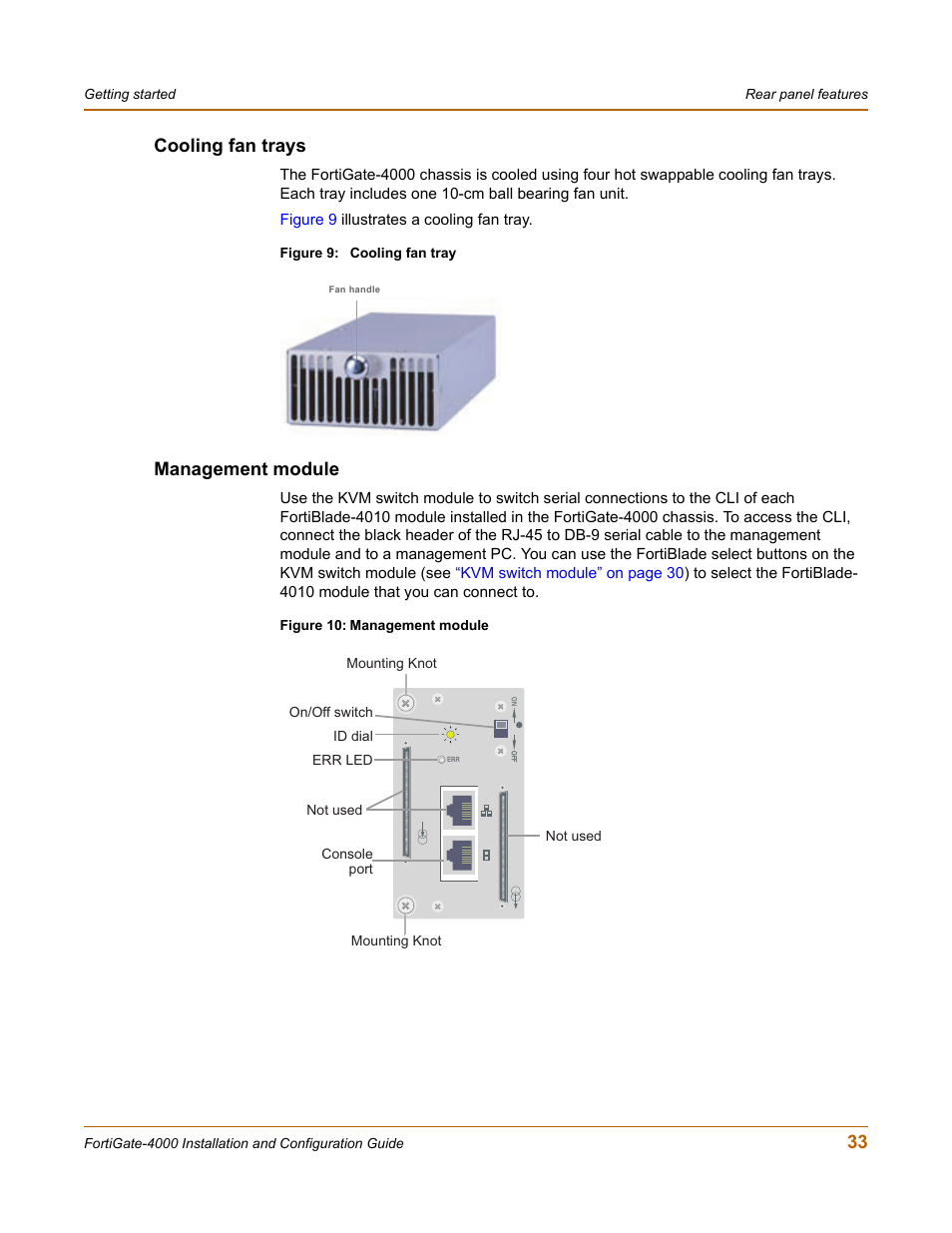 Cooling fan trays, Management module, Cooling fan trays management module | 33 cooling fan trays | Fortinet FortiGate 4000 User Manual | Page 33 / 332