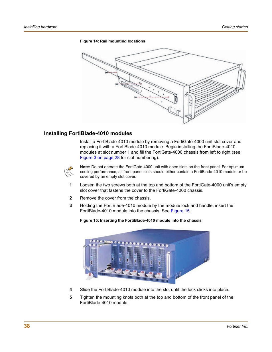 Installing fortiblade-4010 modules | Fortinet FortiGate 4000 User Manual | Page 38 / 332