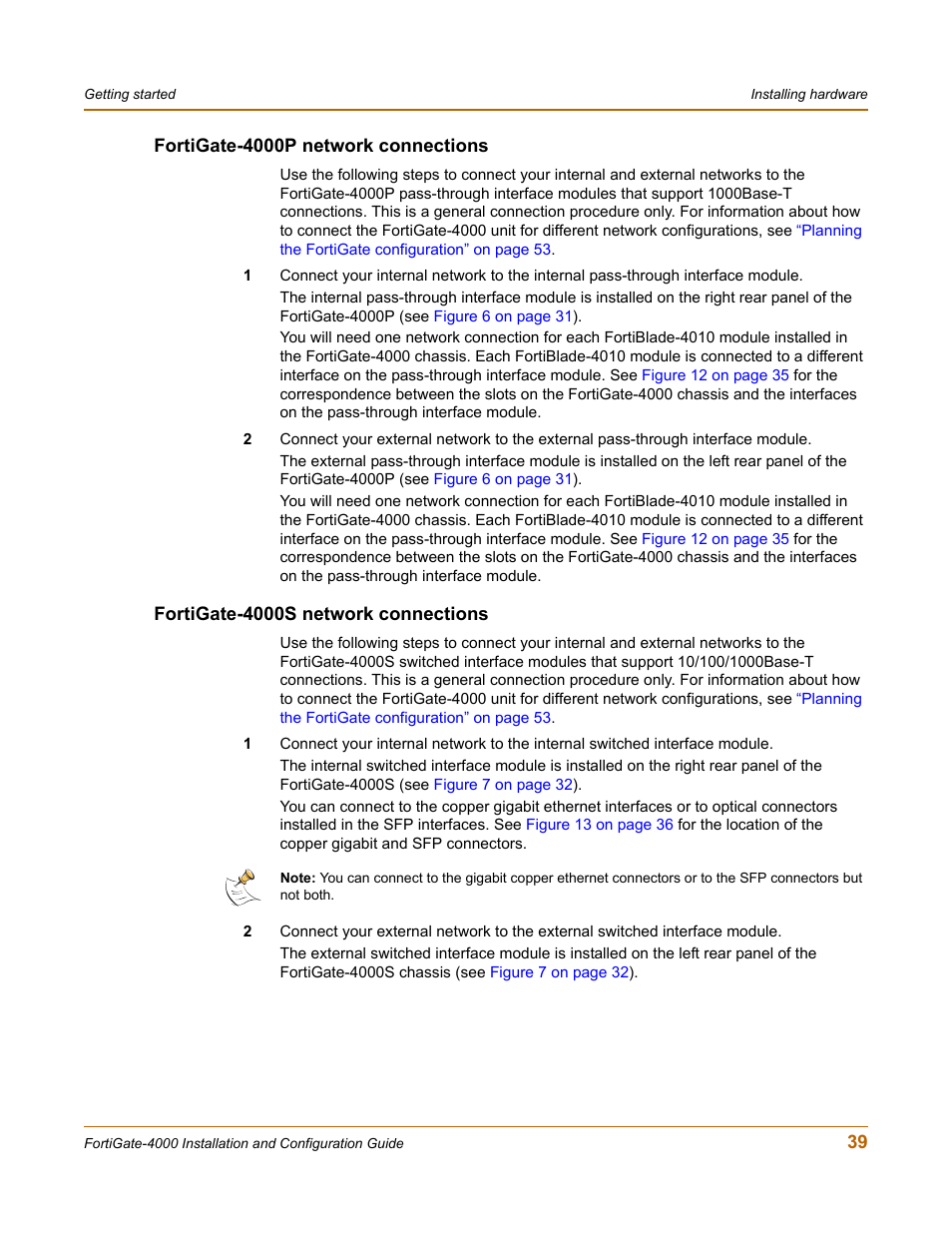 Fortigate-4000p network connections, Fortigate-4000s network connections | Fortinet FortiGate 4000 User Manual | Page 39 / 332