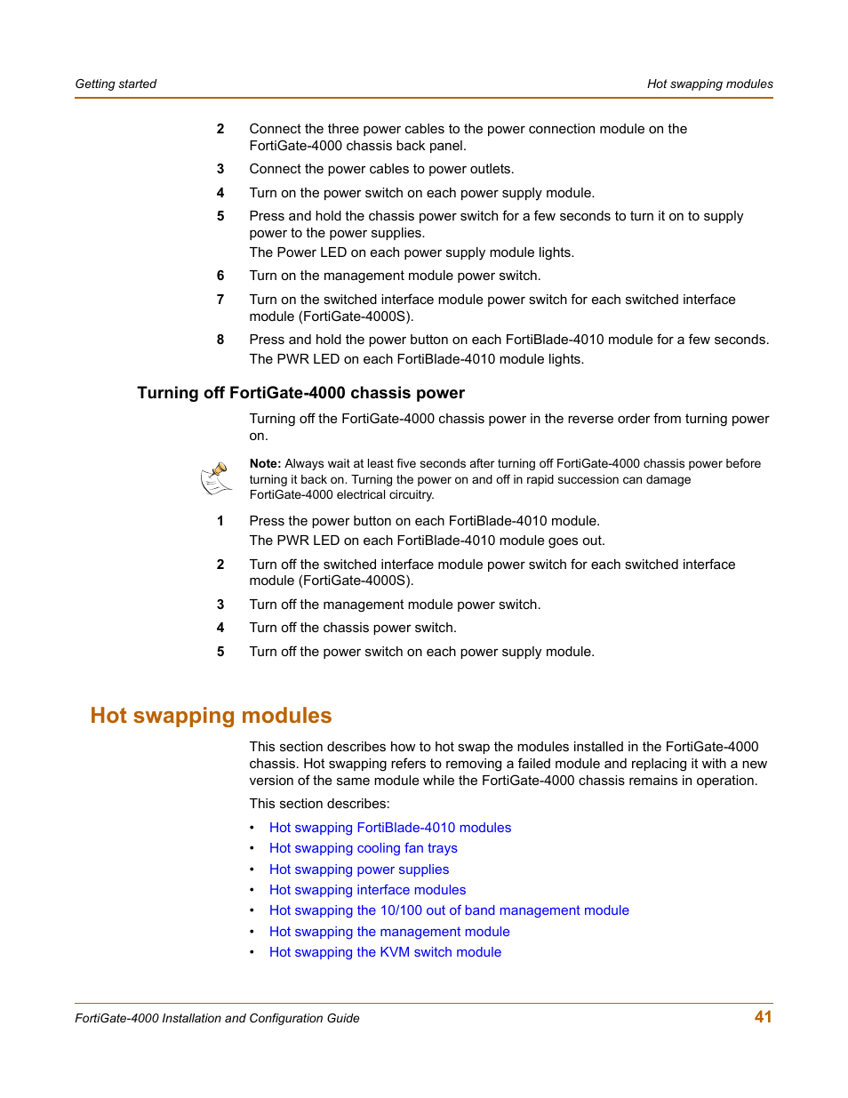 Turning off fortigate-4000 chassis power, Hot swapping modules | Fortinet FortiGate 4000 User Manual | Page 41 / 332