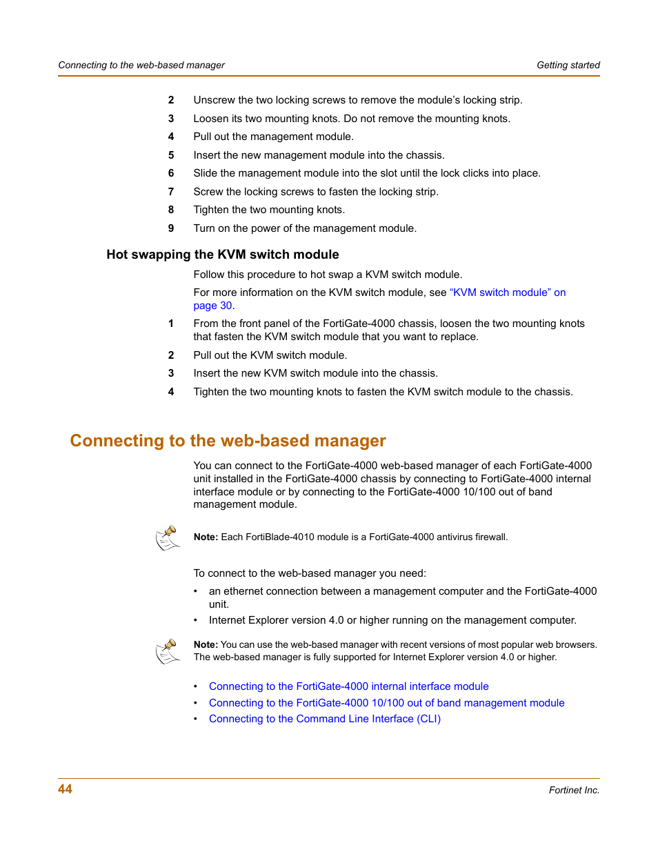 Hot swapping the kvm switch module, Connecting to the web-based manager | Fortinet FortiGate 4000 User Manual | Page 44 / 332