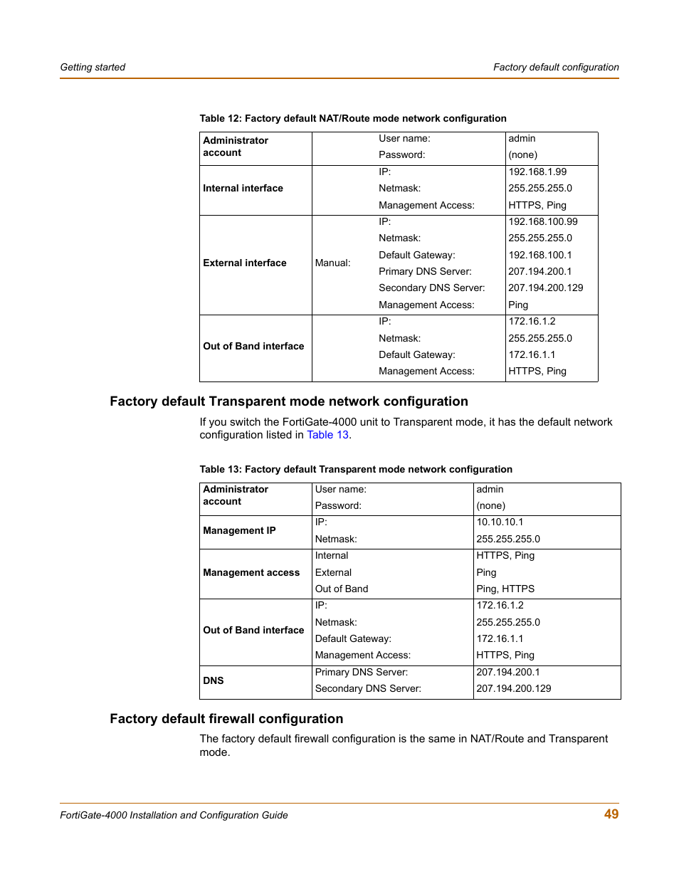 Factory default firewall configuration | Fortinet FortiGate 4000 User Manual | Page 49 / 332