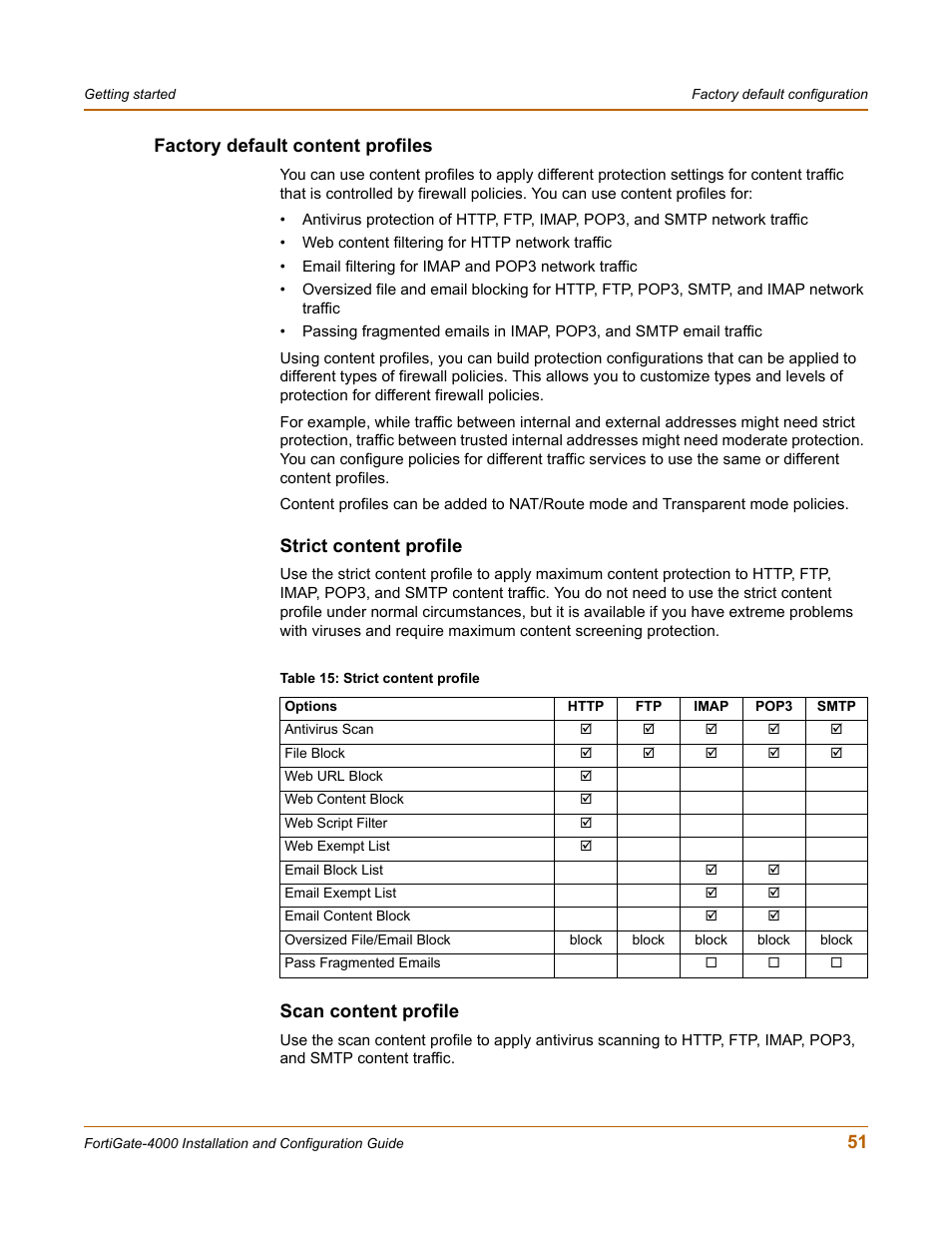 Factory default content profiles, Strict content profile, Scan content profile | 51 factory default content profiles | Fortinet FortiGate 4000 User Manual | Page 51 / 332