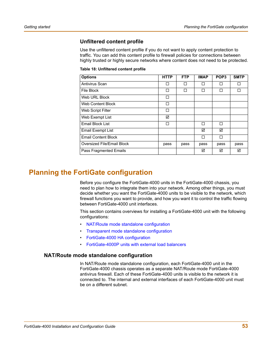 Unfiltered content profile, Planning the fortigate configuration, Nat/route mode standalone configuration | Planning, 53 unfiltered content profile | Fortinet FortiGate 4000 User Manual | Page 53 / 332