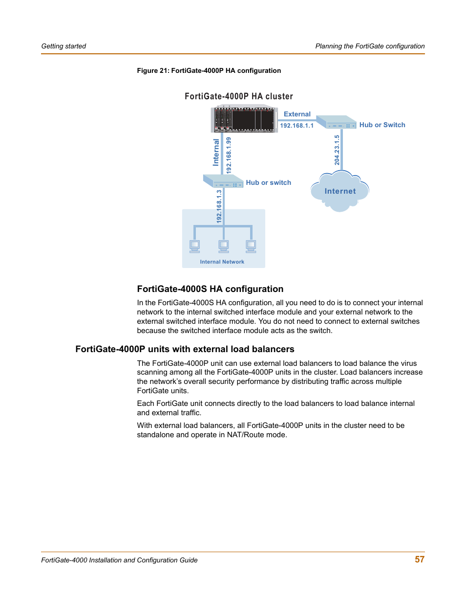 Fortigate-4000s ha configuration, Fortigate-4000p units with external load balancers, Fortigate-4000 units with external load balancers | Fortigate-4000p ha cluster | Fortinet FortiGate 4000 User Manual | Page 57 / 332